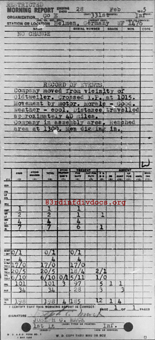 Morning report E Co, 1945-02-28, page 1 Morning report