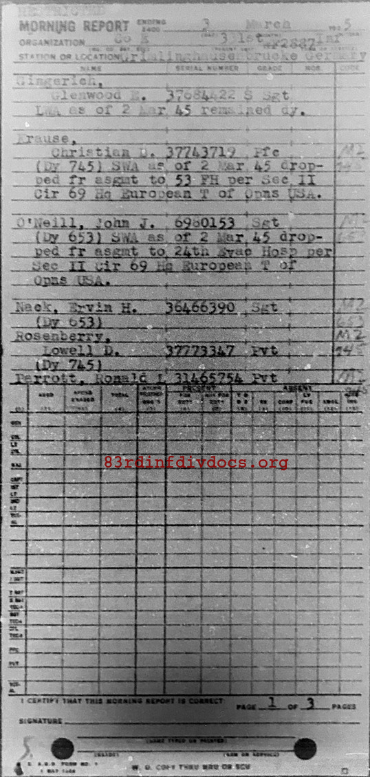 Morning report E Co, 1945-03-03, page 1 Morning report