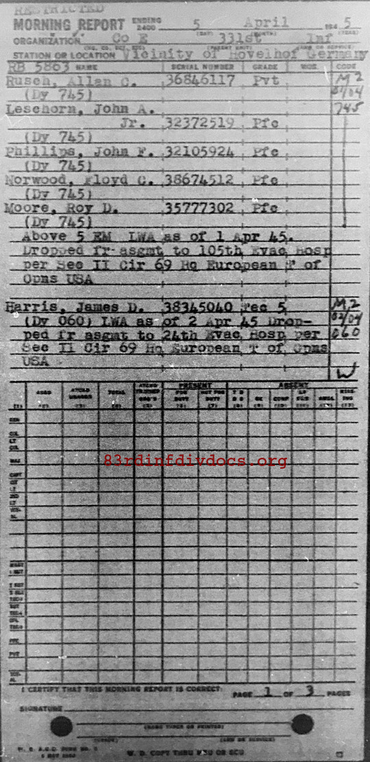 Morning report E Co, 1945-04-05, page 1 Morning report