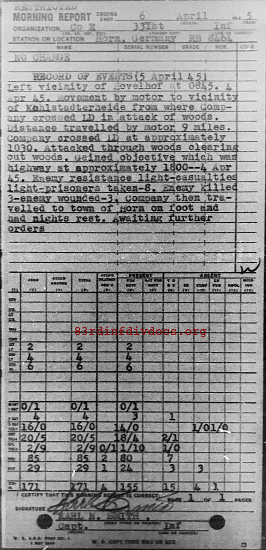Morning report E Co, 1945-04-06, page 1 Morning report