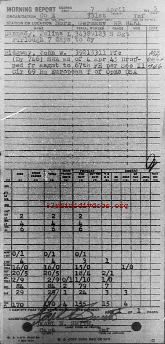 Morning report E Co, 1945-04-07, page 1 Morning report