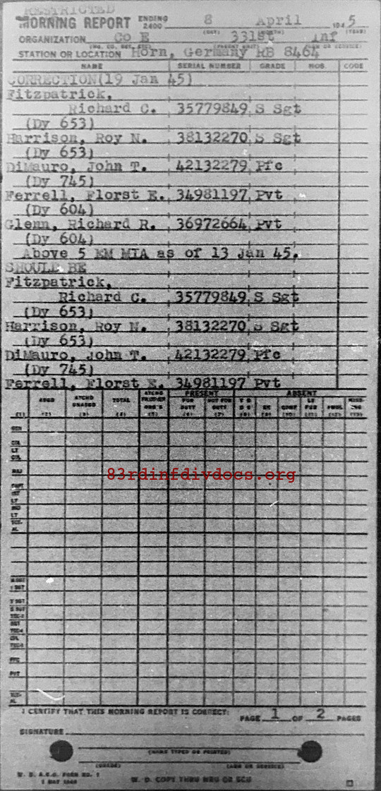 Morning report E Co, 1945-04-08, page 1 Morning report