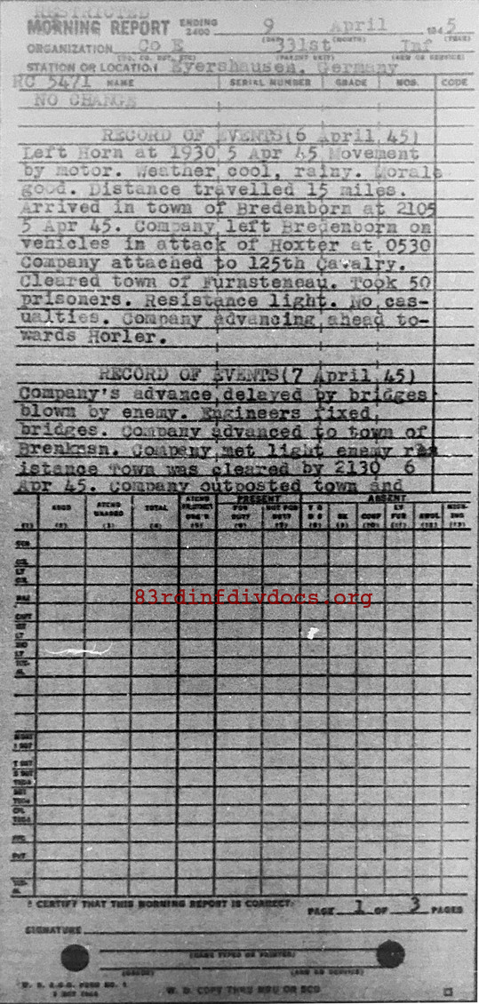 Morning report E Co, 1945-04-09, page 1 Morning report