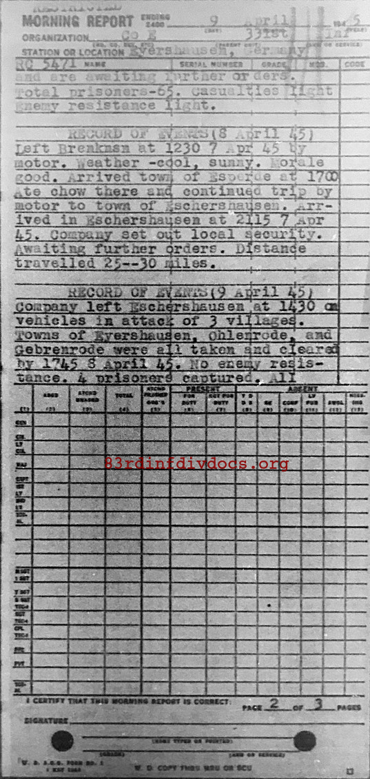 Morning report E Co, 1945-04-09, page 2 Morning report