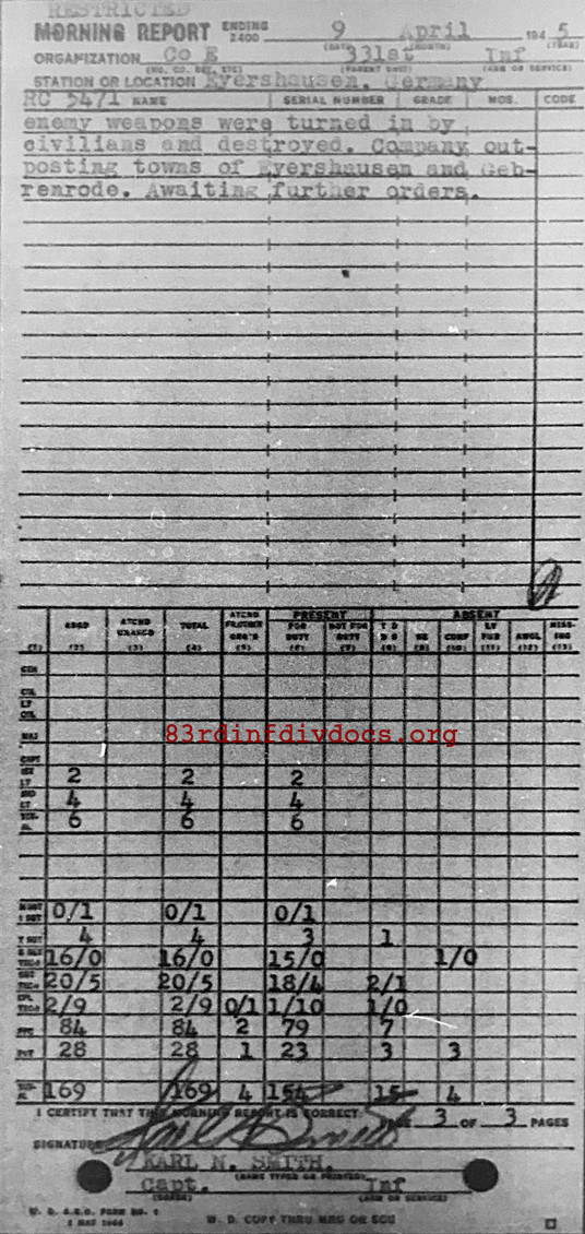 Morning report E Co, 1945-04-09, page 3 Morning report