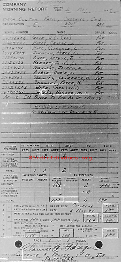 Morning report F Co, 1944-05-02, page 1 Morning report