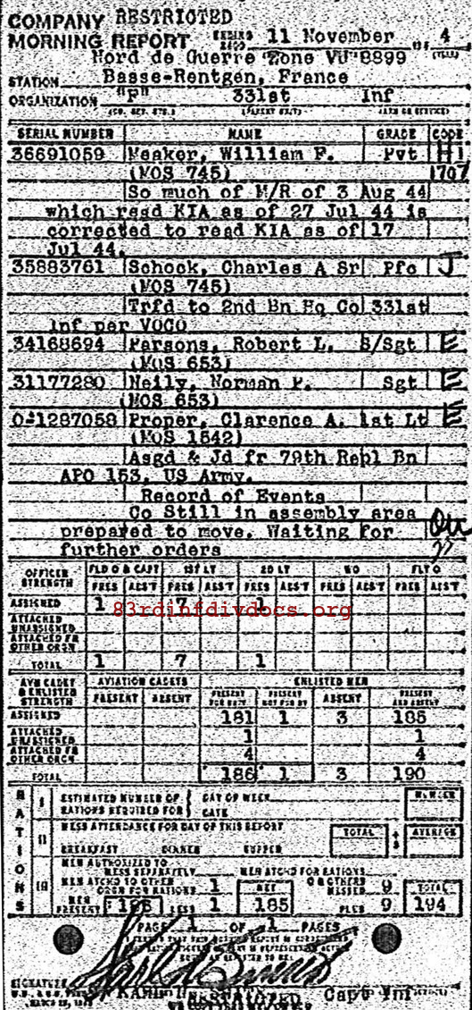 Morning report F Co, 1944-11-11, page 1 Morning report