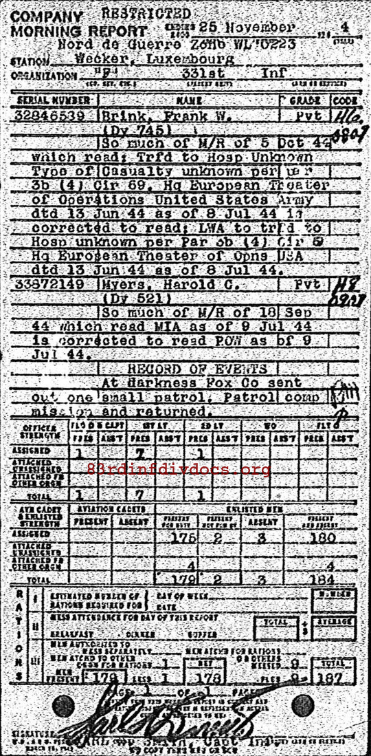 Morning report F Co, 1944-11-25, page 1 Morning report