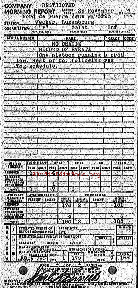 Morning report F Co, 1944-11-29, page 1 Morning report