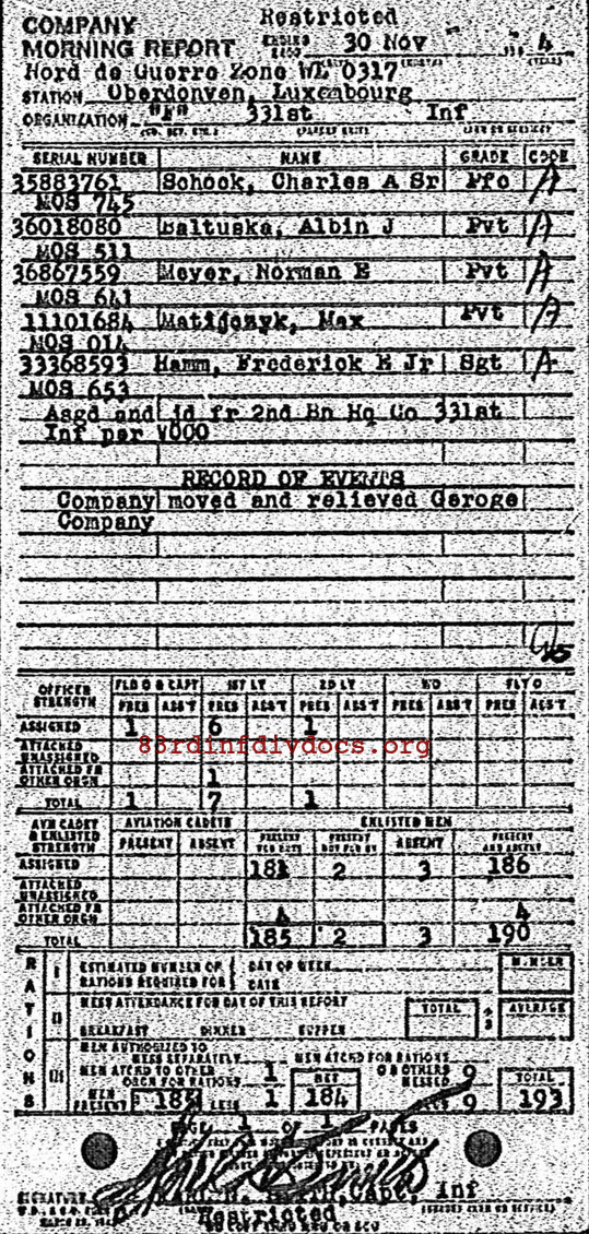 Morning report F Co, 1944-11-30, page 1 Morning report