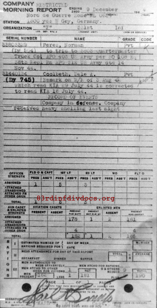 Morning report F Co, 1944-12-09, page 1 Morning report