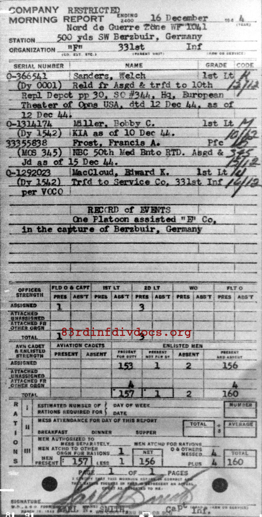 Morning report F Co, 1944-12-16, page 1 Morning report