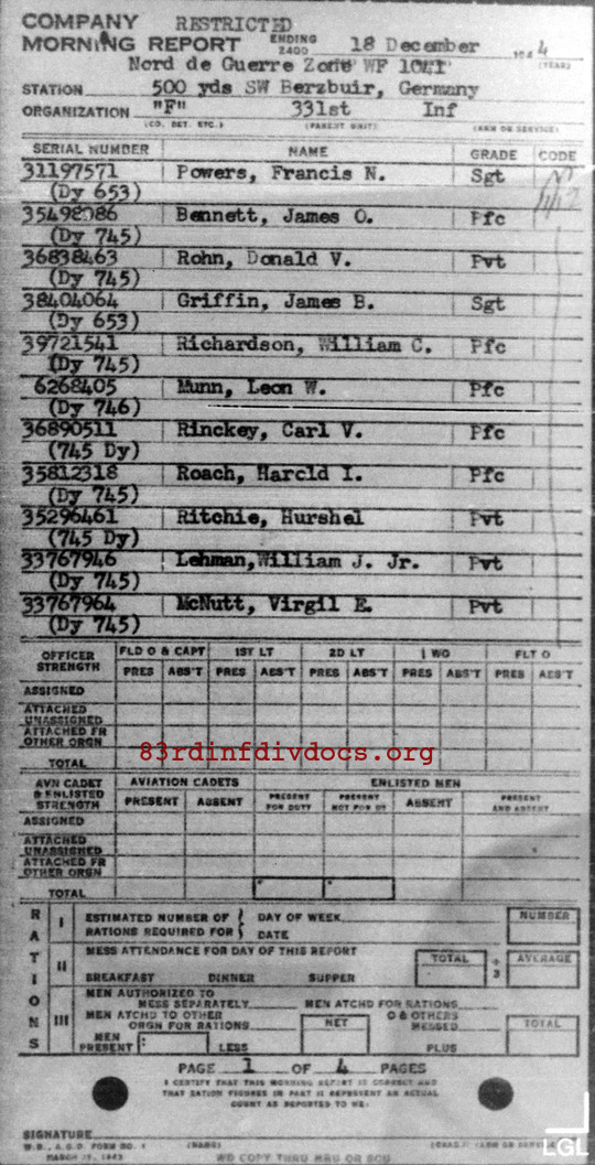Morning report F Co, 1944-12-18, page 1 Morning report