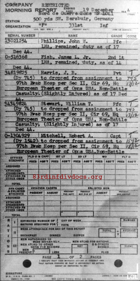 Morning report F Co, 1944-12-19, page 1 Morning report