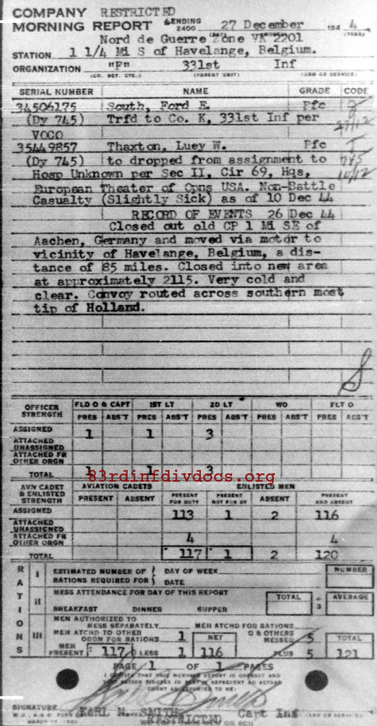 Morning report F Co, 1944-12-27, page 1 Morning report