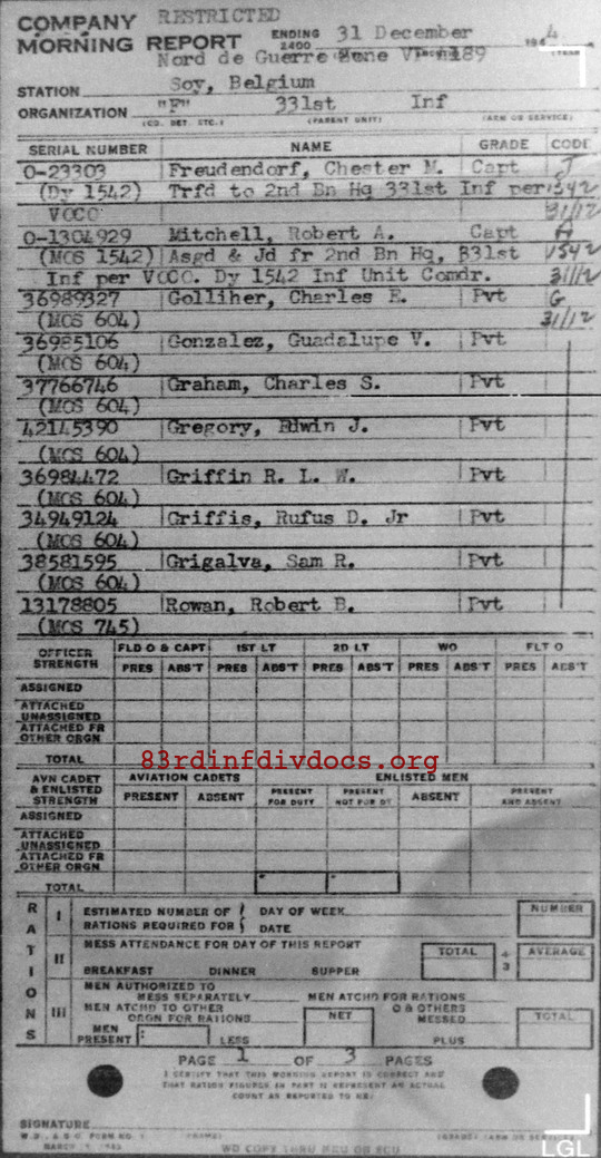 Morning report F Co, 1944-12-31, page 1 Morning report