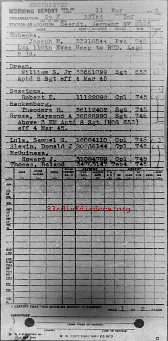 Morning report F Co, 1945-03-11, page 1 Morning report