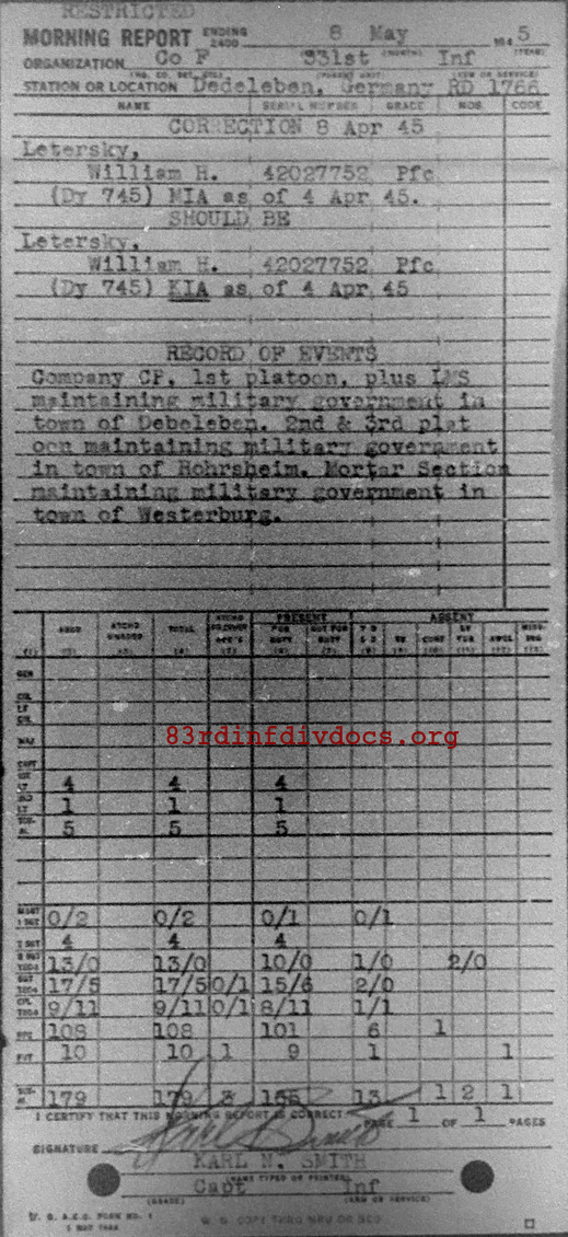 Morning report F Co, 1945-05-08, page 1 Morning report