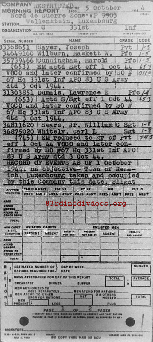 Morning report G Co, 1944-10-05, page 1 Morning report