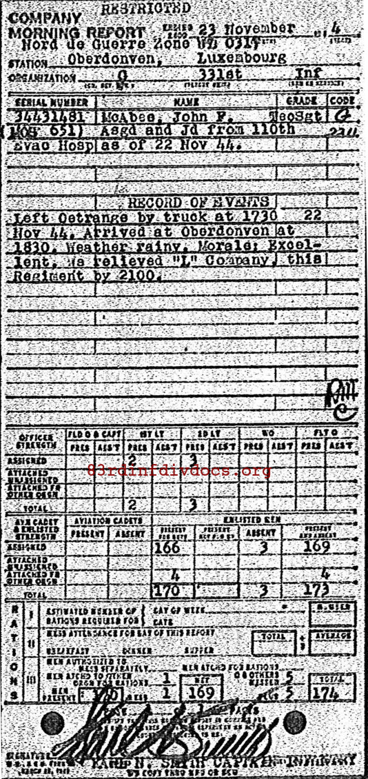 Morning report G Co, 1944-11-23, page 1 Morning report