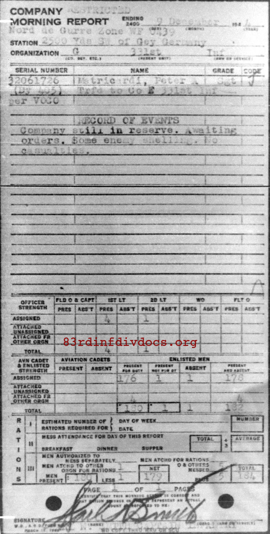 Morning report G Co, 1944-12-09, page 1 Morning report