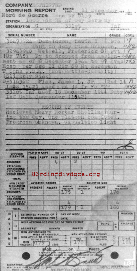 Morning report G Co, 1944-12-11, page 1 Morning report