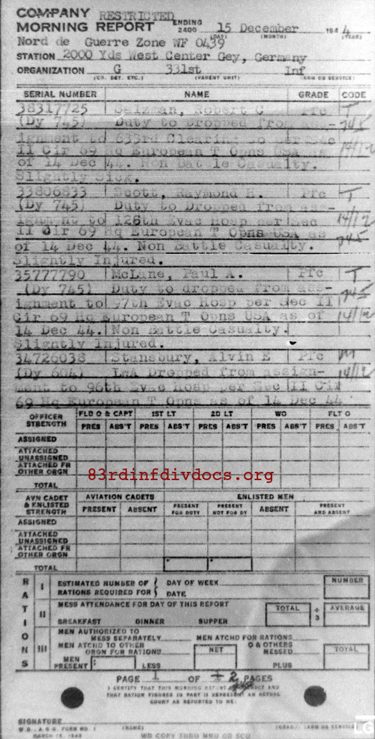 Morning report G Co, 1944-12-15, page 1 Morning report