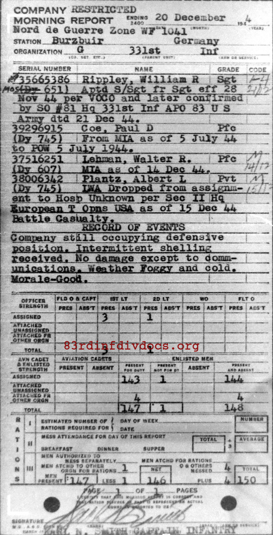Morning report G Co, 1944-12-20, page 1 Morning report