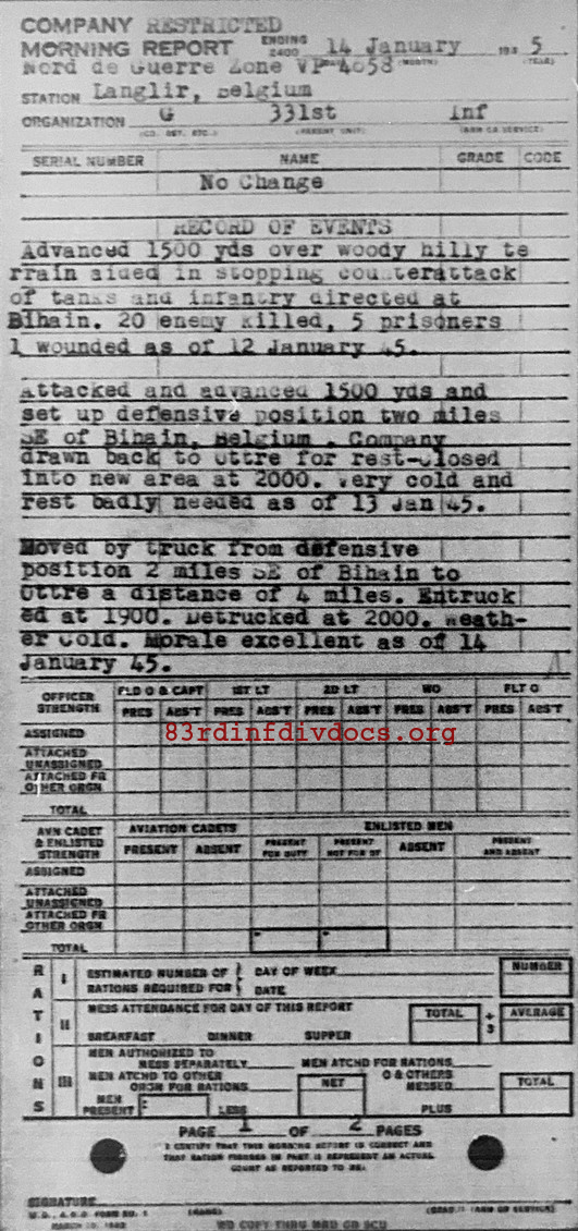 Morning report G Co, 1945-01-14, page 1 Morning report