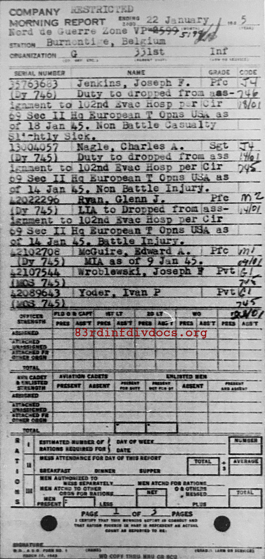 Morning report G Co, 1945-01-22, page 1 Morning report