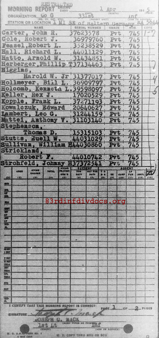 Morning report G Co, 1945-04-01, page 1 Morning report