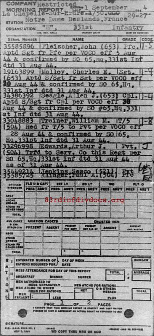Morning report H Co, 1944-09-01, page 1 Morning report