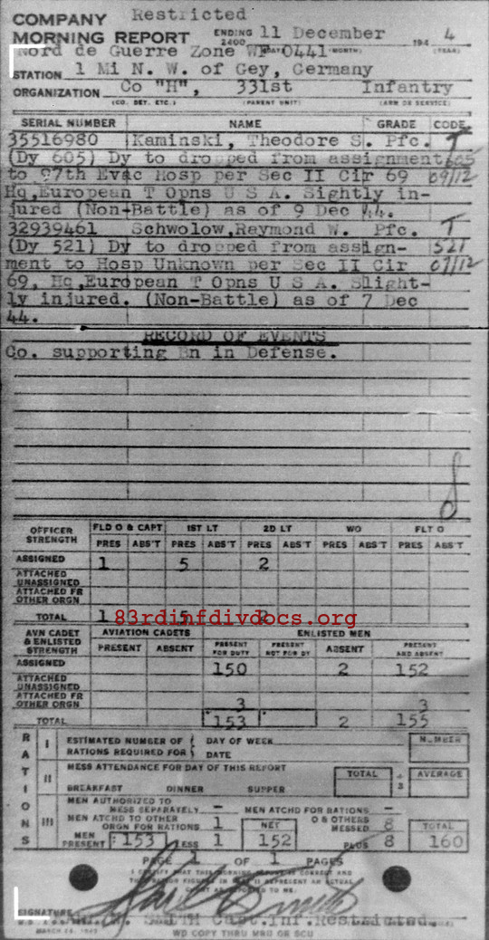 Morning report H Co, 1944-12-11, page 1 Morning report