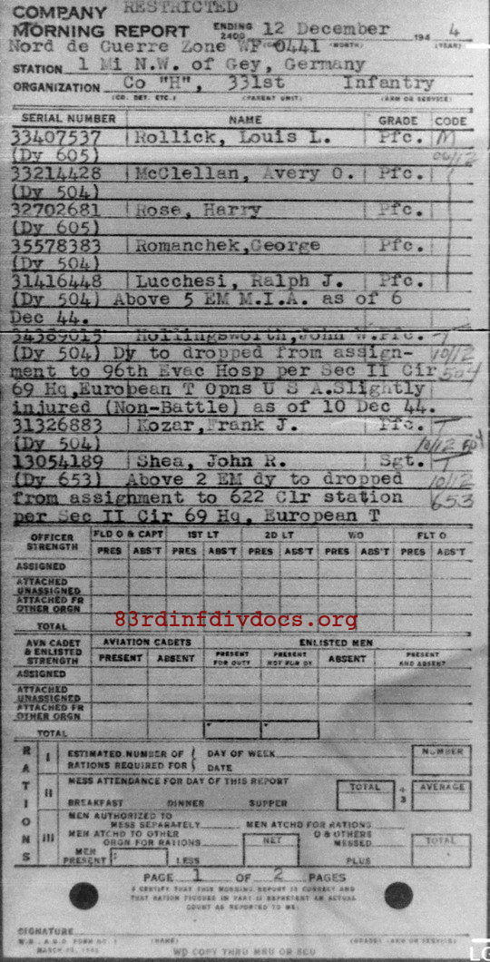 Morning report H Co, 1944-12-12, page 1 Morning report