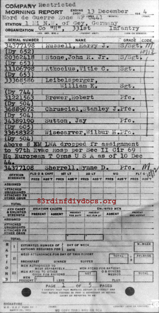 Morning report H Co, 1944-12-13, page 1 Morning report