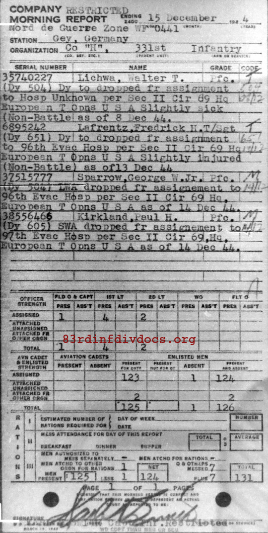 Morning report H Co, 1944-12-15, page 1 Morning report