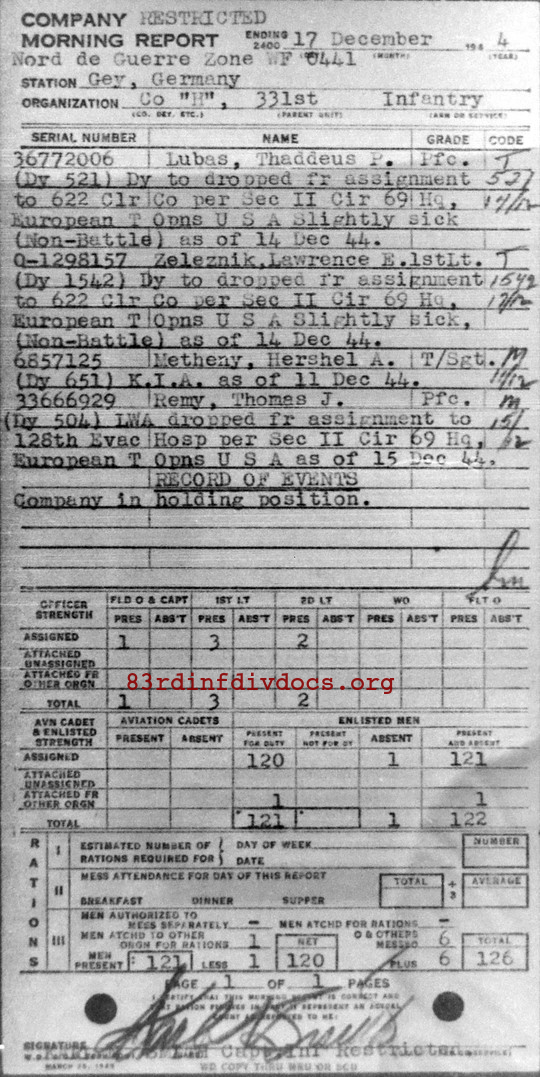 Morning report H Co, 1944-12-17, page 1 Morning report