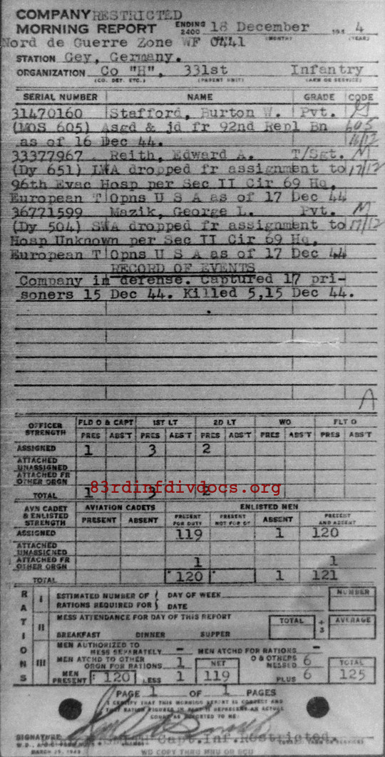 Morning report H Co, 1944-12-18, page 1 Morning report