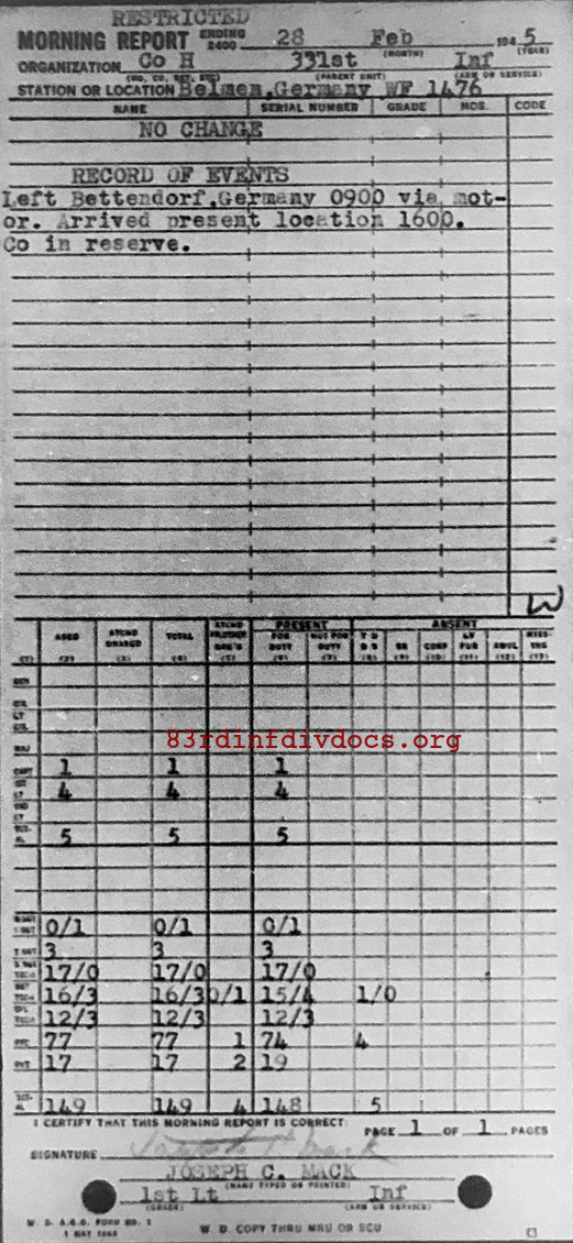 Morning report H Co, 1945-02-28, page 1 Morning report