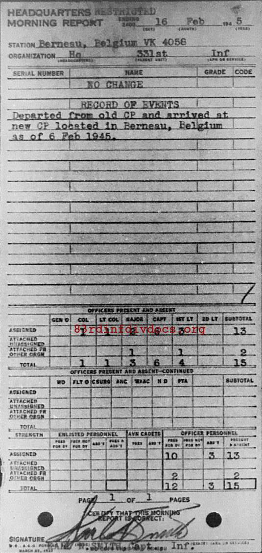 Morning report HQ Co, 1945-02-16, page 1 Morning report