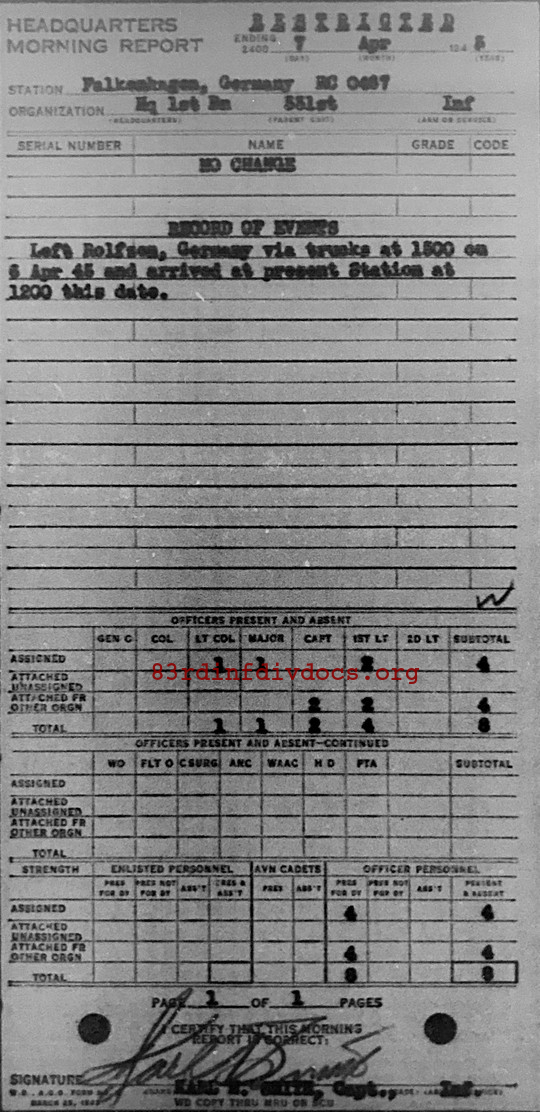 Morning report HQ1BN Co, 1945-04-07, page 1 Morning report