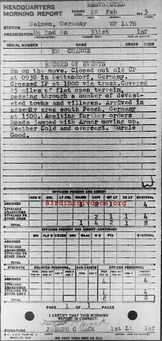Morning report HQ2BN Co, 1945-02-28, page 1 Morning report