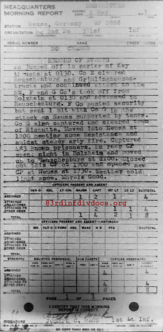 Morning report HQ2BN Co, 1945-03-02, page 1 Morning report