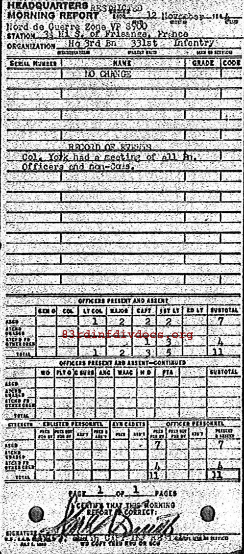 Morning report HQ3BN Co, 1944-11-12, page 1 Morning report