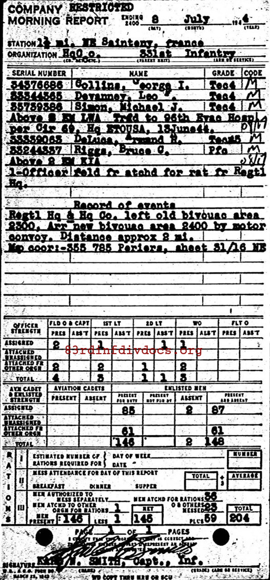 Morning report HQCO Co, 1944-07-08, page 1 Morning report