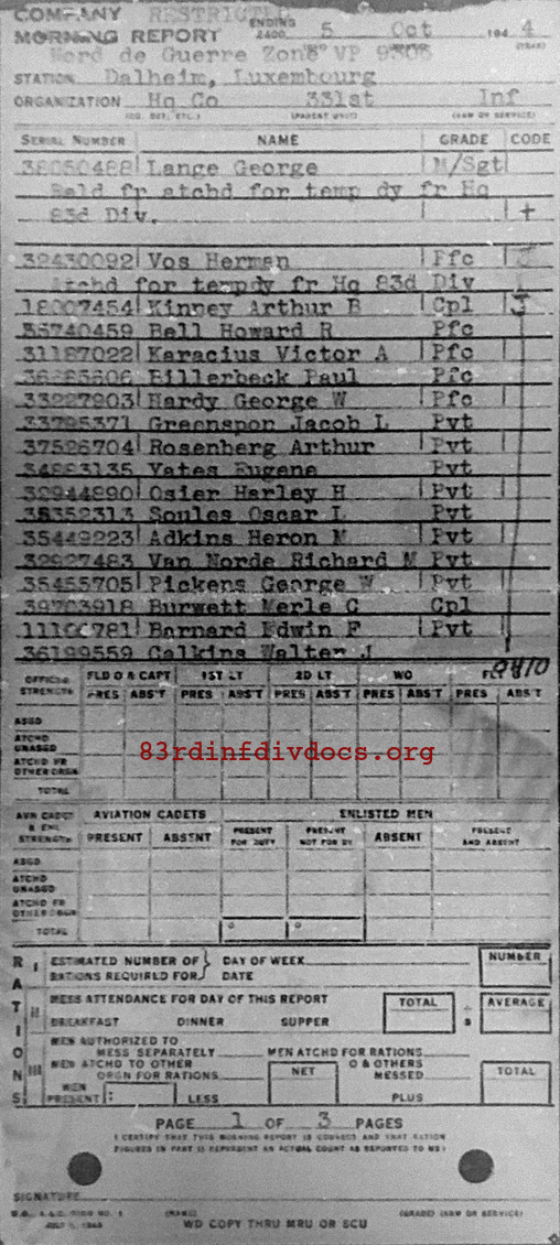 Morning report HQCO Co, 1944-10-05, page 1 Morning report