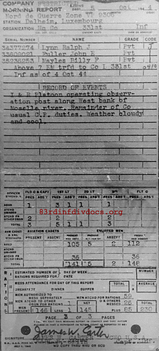 Morning report HQCO Co, 1944-10-05, page 3 Morning report