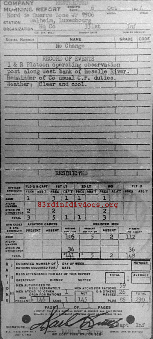 Morning report HQCO Co, 1944-10-06, page 1 Morning report