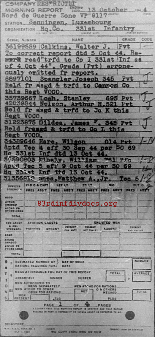 Morning report HQCO Co, 1944-10-13, page 1 Morning report