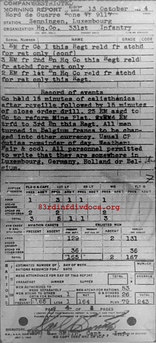 Morning report HQCO Co, 1944-10-13, page 4 Morning report
